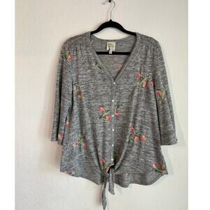 Anthropologie Fig and Flower Floral Embroidered Button Down Front Tie Blouse 1X